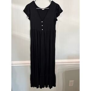 See You Monday Black Midi Dress | Button Front | Ruffle Sleeve | Size L